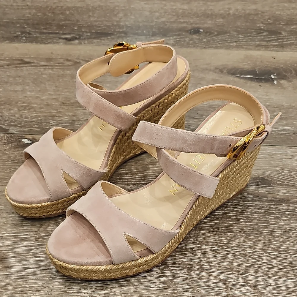 [NEW] Stuart Weitzman Beige Pink Espadrille Wedge Heeled Sandals Zuzu Buckle - Picture 3 of 10